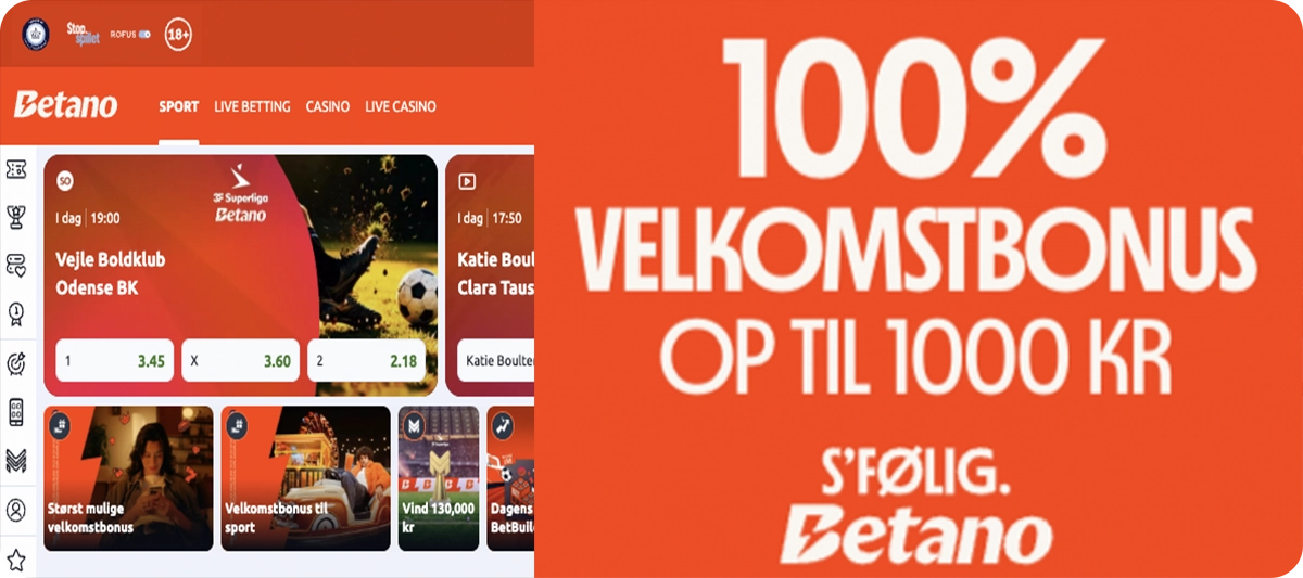 Betano - 100% op til 1.000 kroner i bookmaker bonus