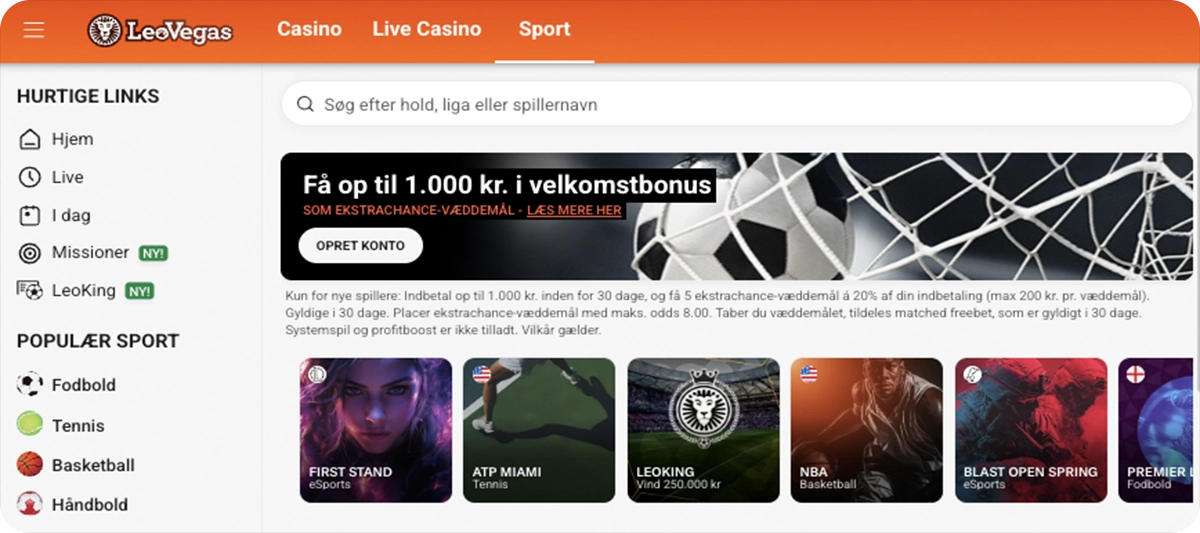 LeoVegas - 100% op til 1.000 kr. betting velkomstbonus