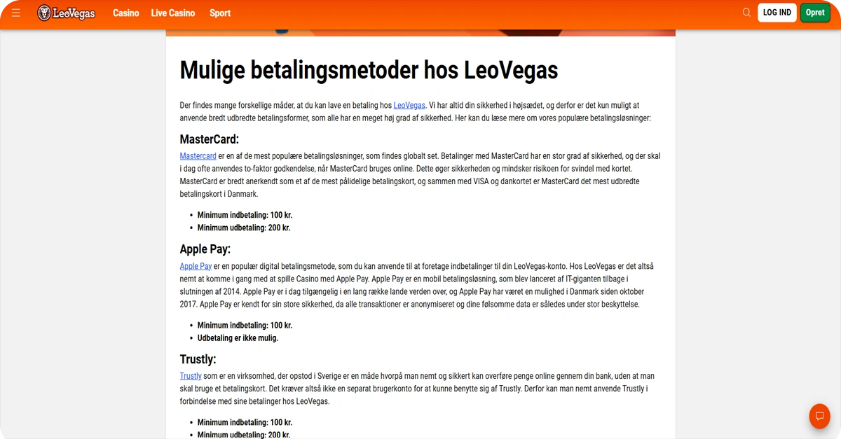 Ind- og udbetaling hos LeoVegas